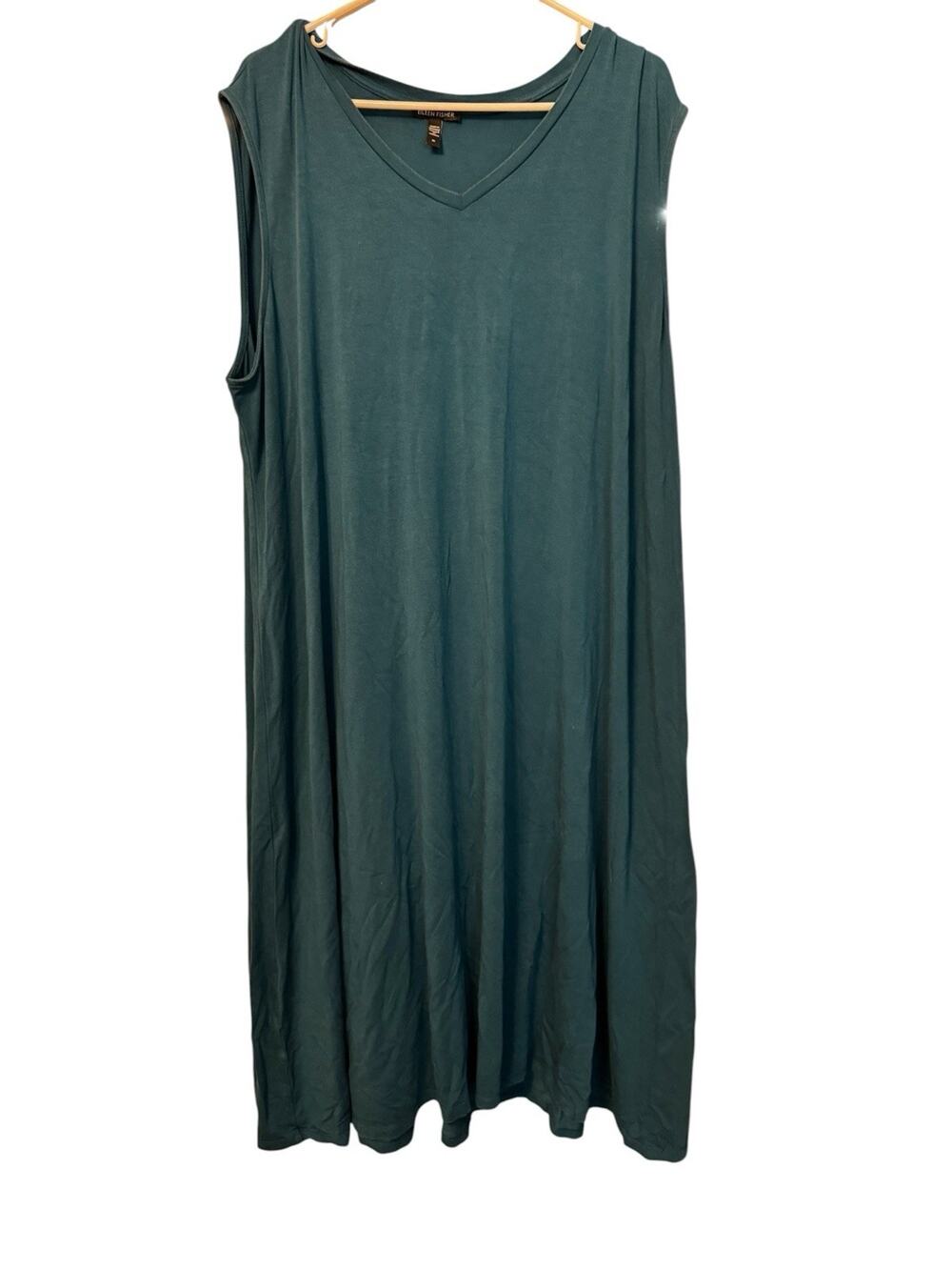 Eileen Fisher Teal Green Jersey Dress Sz. 3XL Sleeveless Shift Midi Tencel